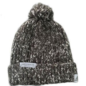 Adidas Womens Three Stripe Life Hat Winter Beanie Heathered Black Gray One Size